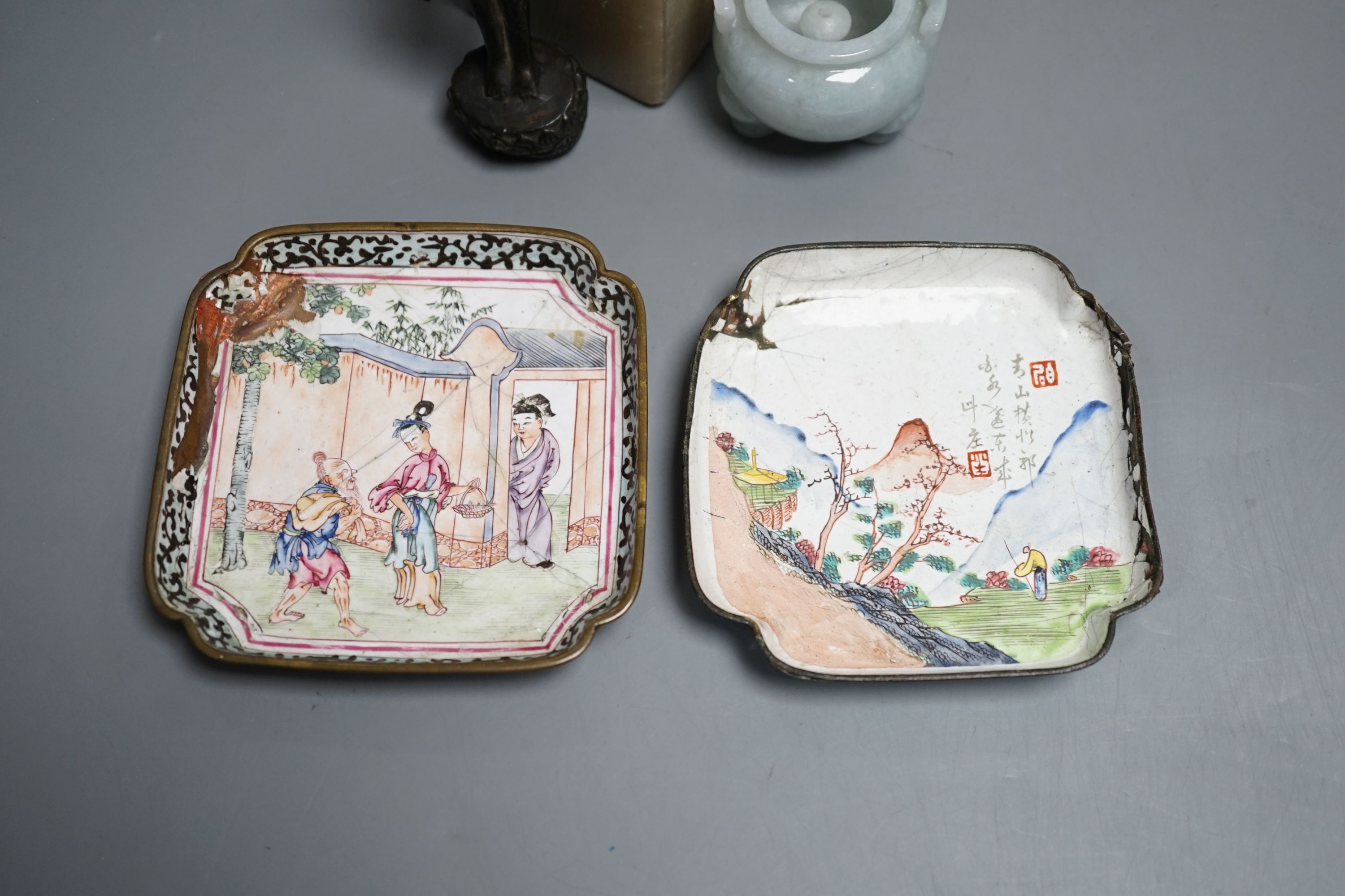 Assorted Chinese items including Canton enamel dishes, bronze standing buddha, jadeite censor, soapstone seal, Soapstone seal 8 cms high.